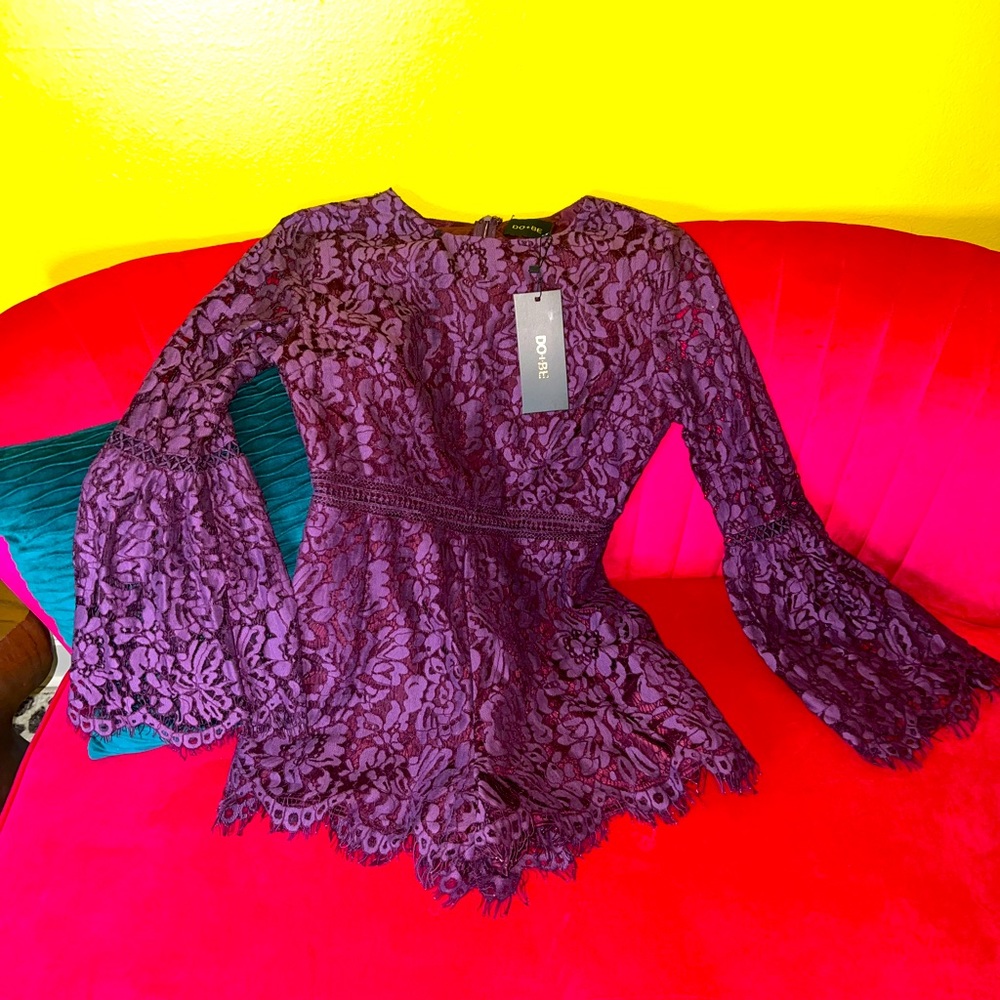 Brand new purple lace short romper long bell sleeve